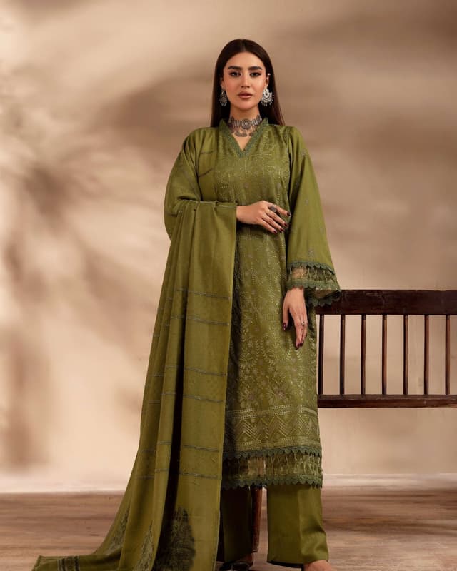 Olive Luxe Embroidered 3-Piece Unstitched Suit product image
