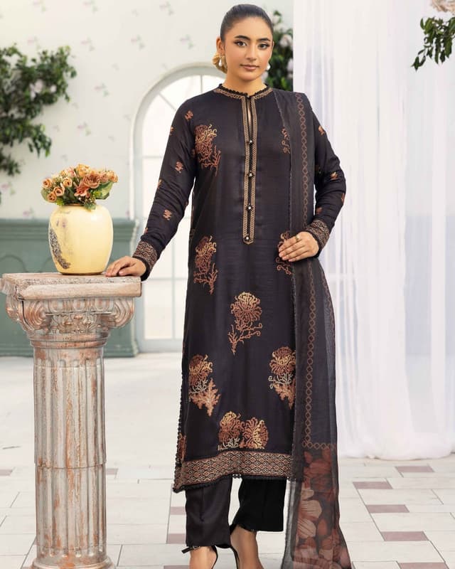 Black/Charcoal Embroidered Khaddar/Linen Suit with Printed Shawl product image