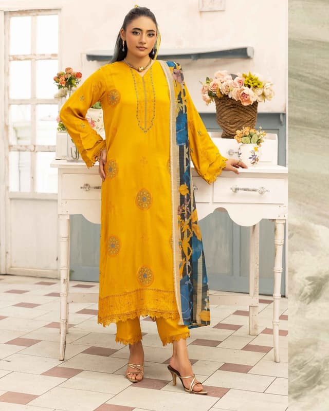 Bright Yellow Embroidered Lawn/Cambric Suit with Printed Dupatta product image